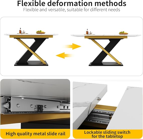 ModernLuxe Extendable Dining Table with Internal Insert Panel, Kitchen Table with Marble-Pattern Top and Elegant Gold Cross Legs, MDF Construction, Space-Saving Design, 120–160×80cm