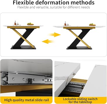 ModernLuxe Extendable Dining Table with Internal Insert Panel, Kitchen Table with Marble-Pattern Top and Elegant Gold Cross Legs, MDF Construction, Space-Saving Design, 120–160×80cm