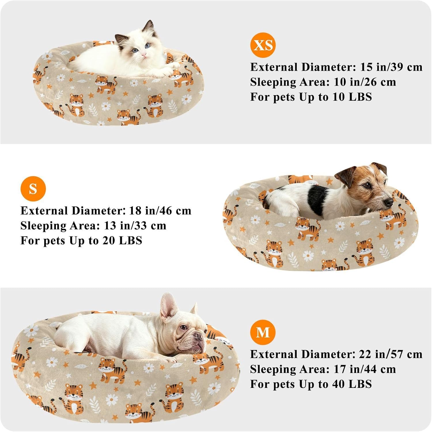 Animal Flowers Beige Pattern Dog Bed Round Small Medium Dog Beds Pet Cat Bed Washable Puppy Kitten Beds for Pets Supplies with Washable Cover,M