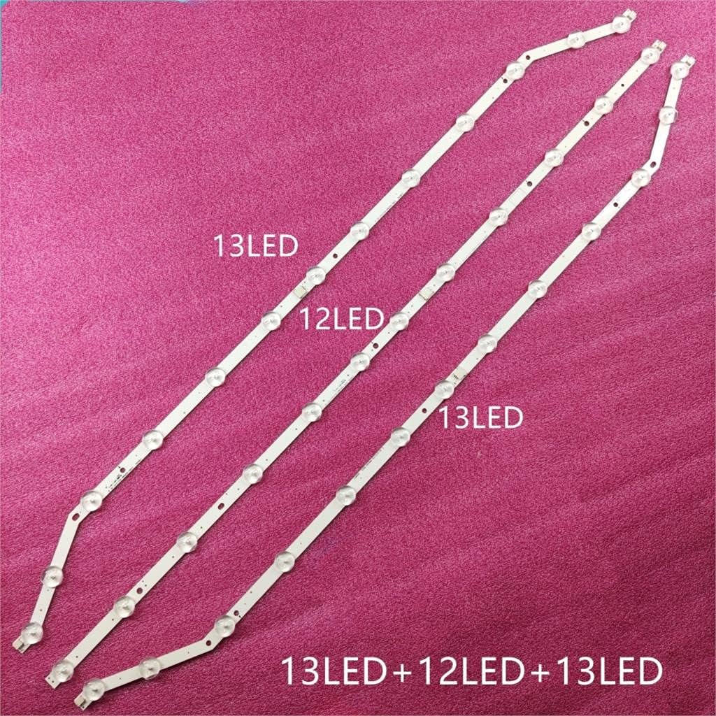 Three white LED backlight strips laid out, with text indicating '13LED', '12LED', and '13LED' for each strip, and '13LED+12LED+13LED' at the bottom, against a pink background.