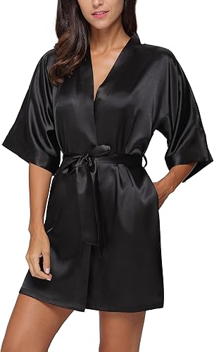 The Bund Women's Silk Robe Short Satin Bathrobe Lightweight Wedding Robes for Bridal Party Bride Bridesmaids Loungewear
