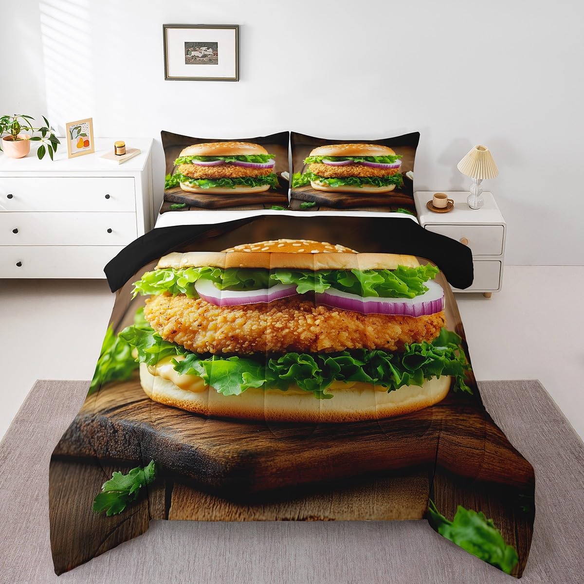 Erosebridal Hamburger Comforter Set King for Boys Girls Kids Adults,Chicken Hamburger Bedding Set Funny Home Decor,Fast Food Themed Bedding Comforter