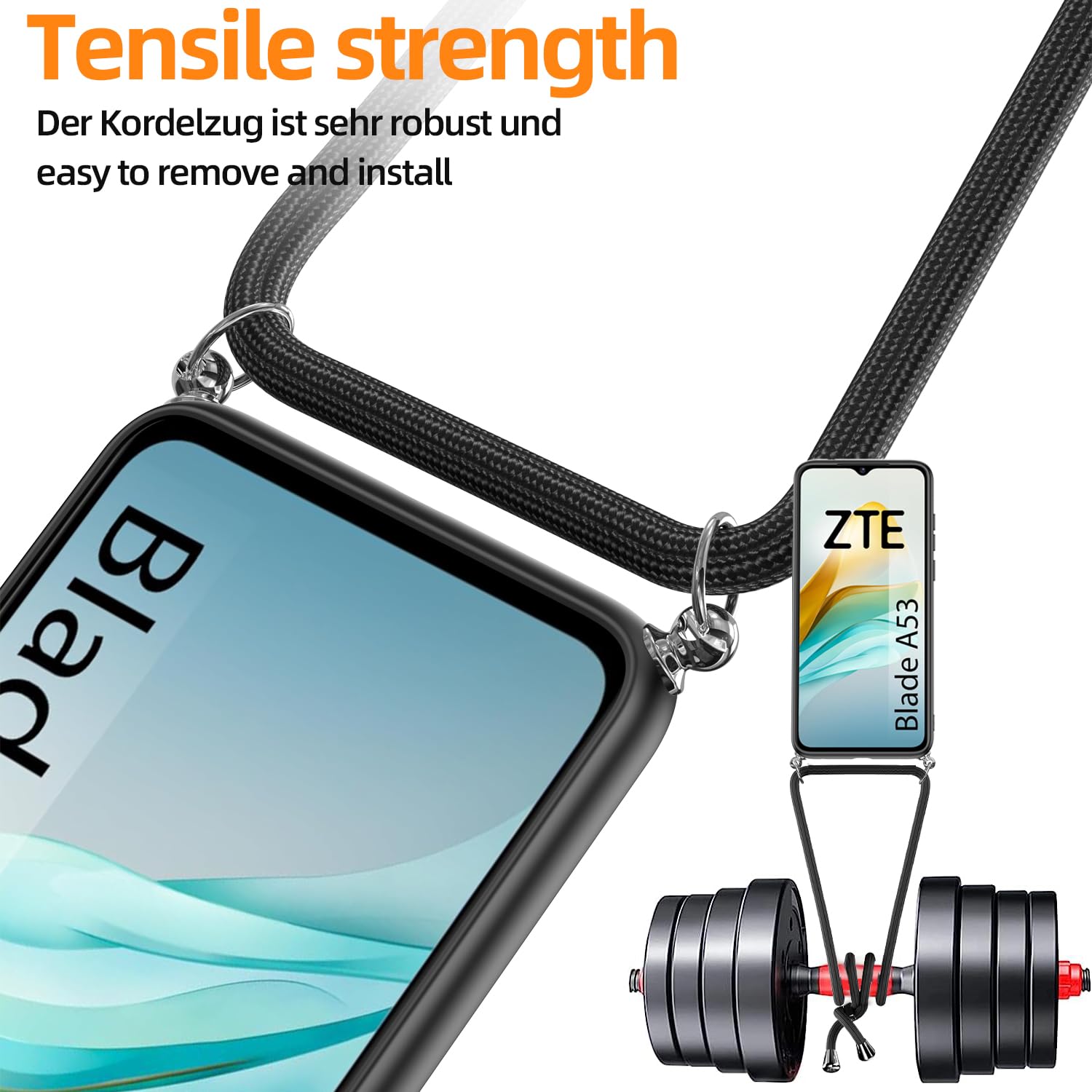 Handykette Mit Hülle Für ZTE Blade A73 5G - Schwarzes Verstellbares Band & Klare Schutzhülle