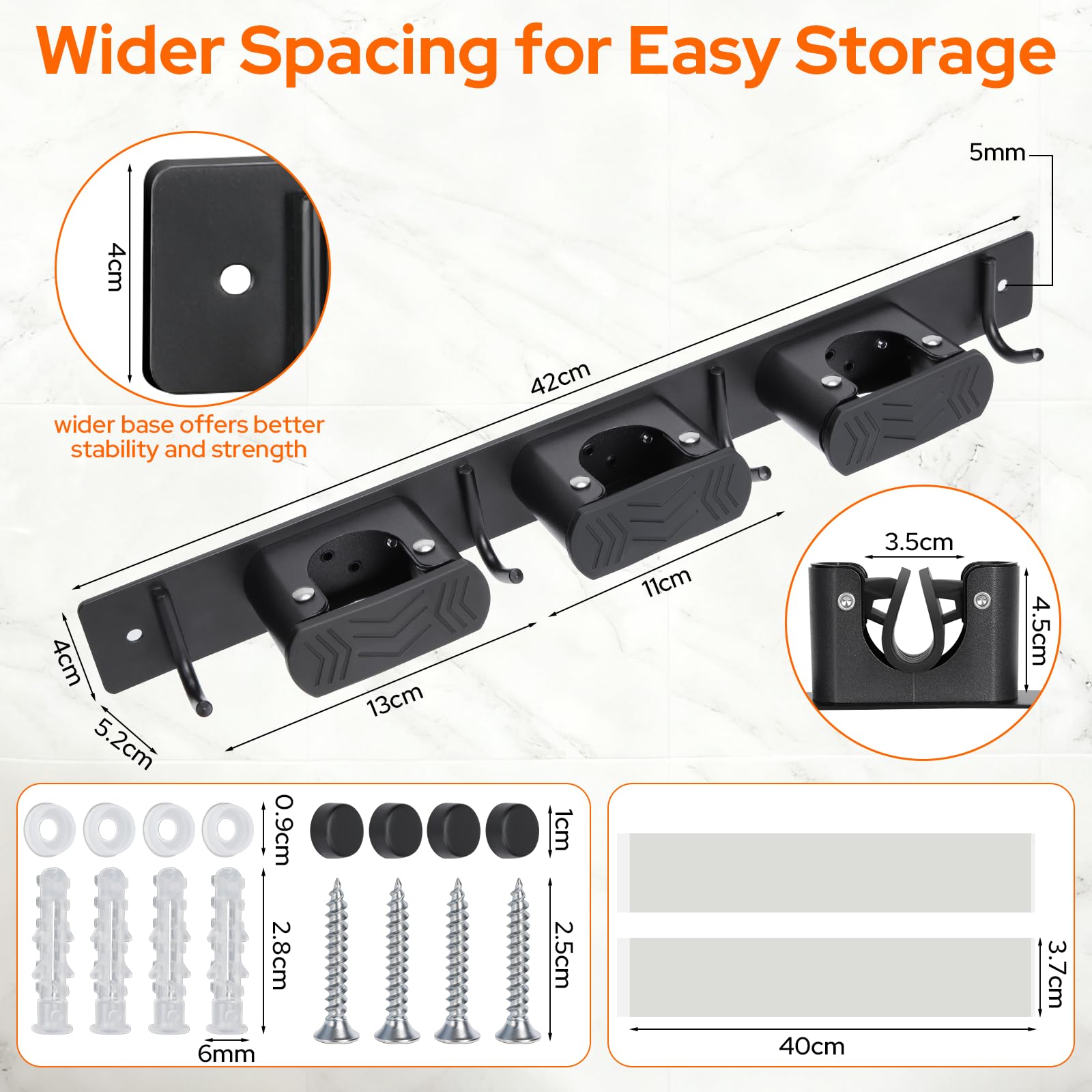 Alyvisun Porta Scope Parete 3 Slot e 4 Ganci, Portascope da Muro, Appendiscope da Muro con Clip in Silicone Antiscivolo per Casa, Garage e Giardino - Nero