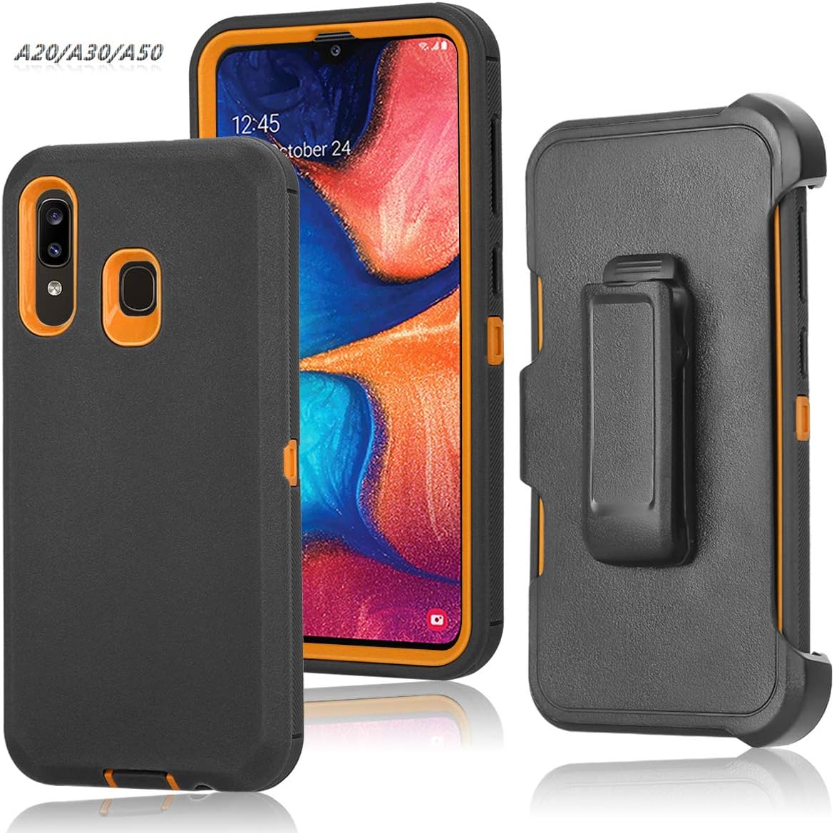 Annymall Galaxy A50 Case,Galaxy A20 Case,Galaxy A30 Case, Heavy Duty [with Kickstand & Built-in Screen Protector] Defender Armor Protective Cover for Samsung Galaxy A20/A30/A50 (Black/Orange)