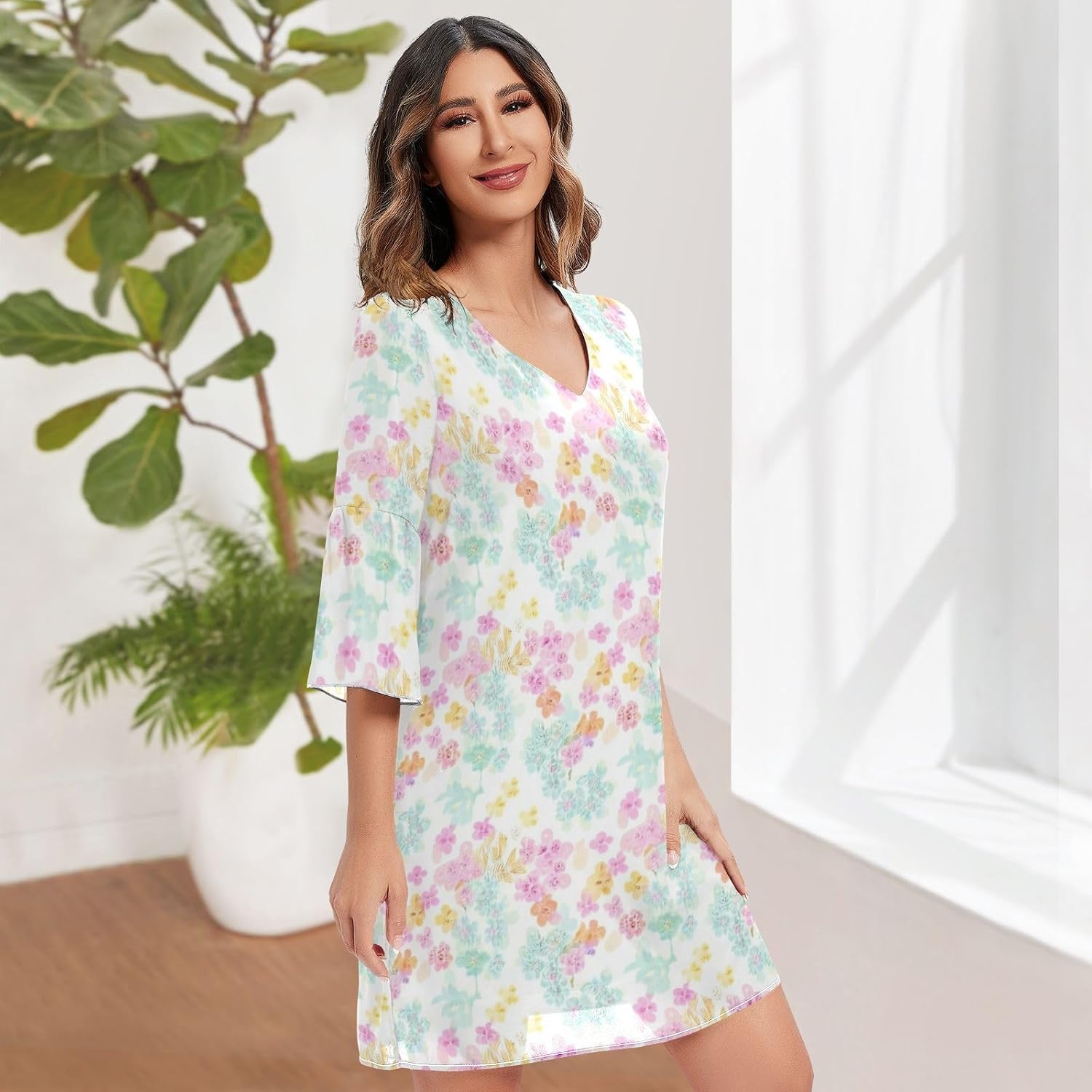 Floral Pink V Neck Line Dress Printed Summer Dresses Women S-XXL
