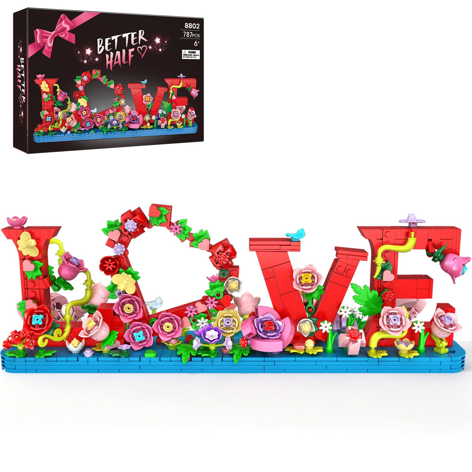 Booyuer Art LOVE Building Set with Flowers for Adults & Kids, 787 PCS Red Artificial Flower Home Decor, Birthday or Engagement, Valentines Mother's Day, for Mum Women Her or Him