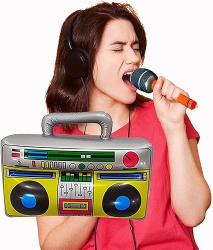 Miniatura 2 de Decoraciones de fiesta de los años 80 y 90, paquete de 3 micrófonos inflables de radio Boombox para teléfonos móviles para decoraciones de fiesta de