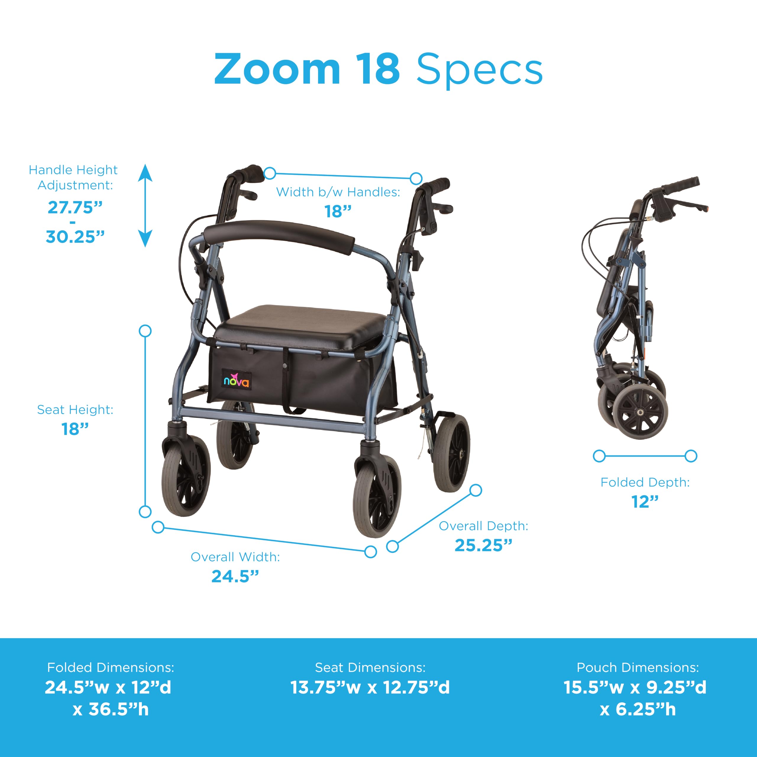 Amazon.com: NOVA Zoom 18 Rollator Walker for Seniors, Rolling