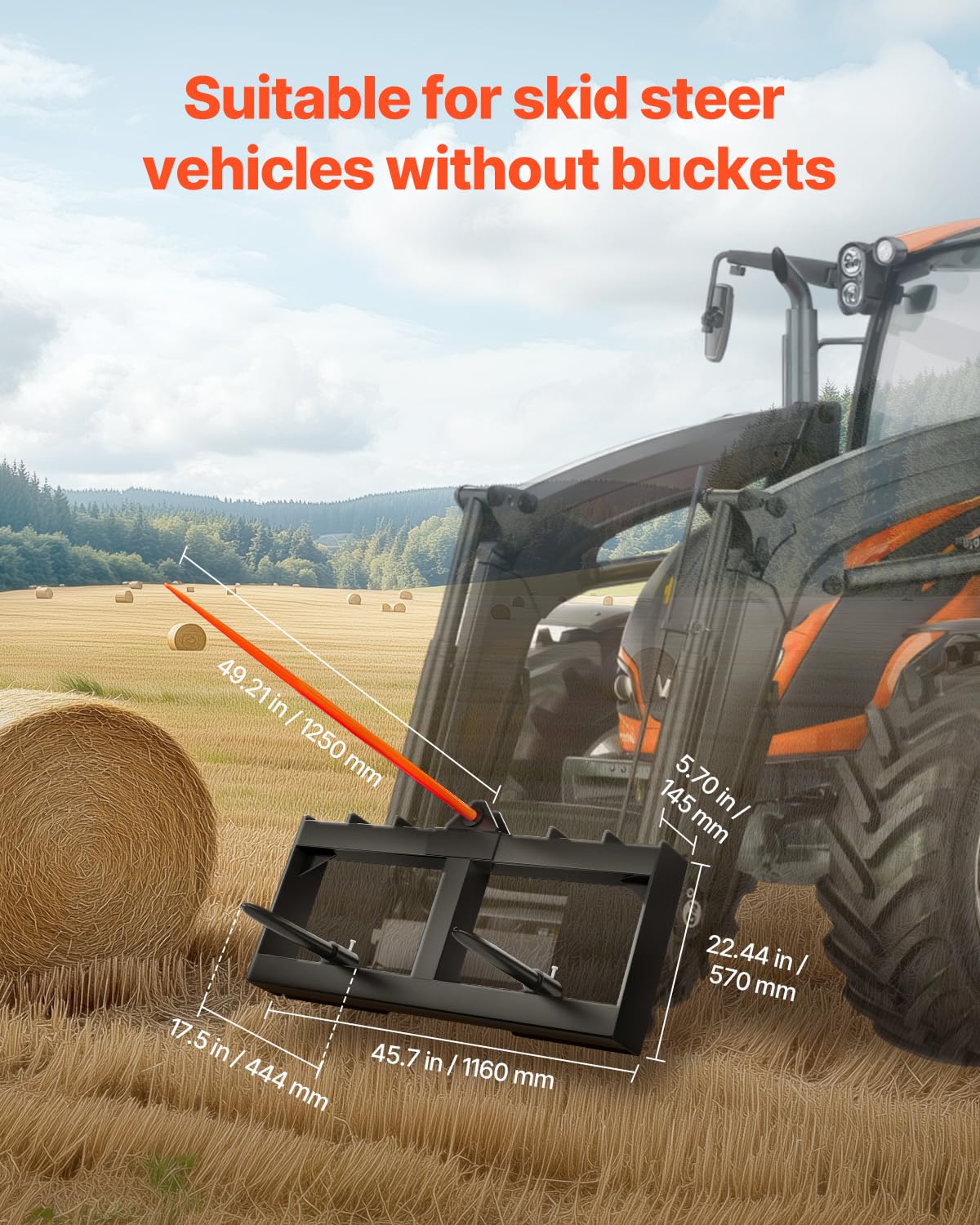 VEVOR Raccoglitrice per Balle di Fieno Capacità di Carico max. 725kg Forca per Balle 1250mm 3 Denti, Forche Chiodate Attacco per Benna con 2 Stabilizzatori per Trattori, Minipale, Agricoltori, Campi