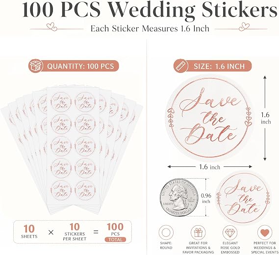 100 PCS Save The Date Stickers, Clear Rose Gold Foil Wedding Stickers for Invitations, Envelopes, Bridal Shower, Engagement Party, Dessert Table Treat Bags & Favor Packaging, 1.6 Inch