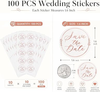 100 PCS Save The Date Stickers, Clear Rose Gold Foil Wedding Stickers for Invitations, Envelopes, Bridal Shower, Engagement Party, Dessert Table Treat Bags & Favor Packaging, 1.6 Inch