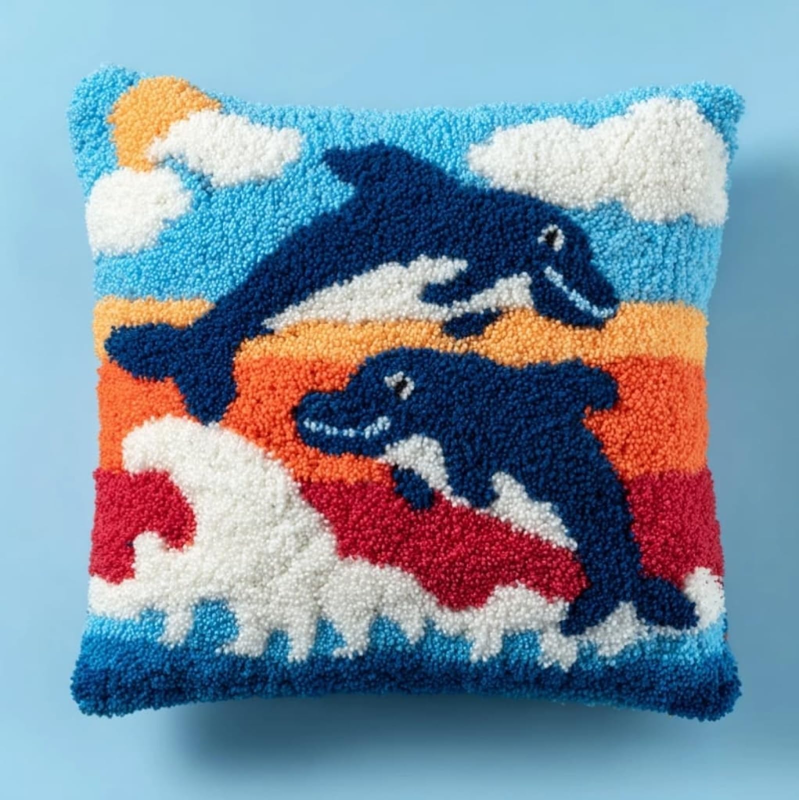 AxiangziK Latch Hook Kits for Adults,Cartoon Dolphin Latch Hook Pillow Kits 17X17 Inches DIY Needlework Crafts Everything Included Gift for Family Friends
