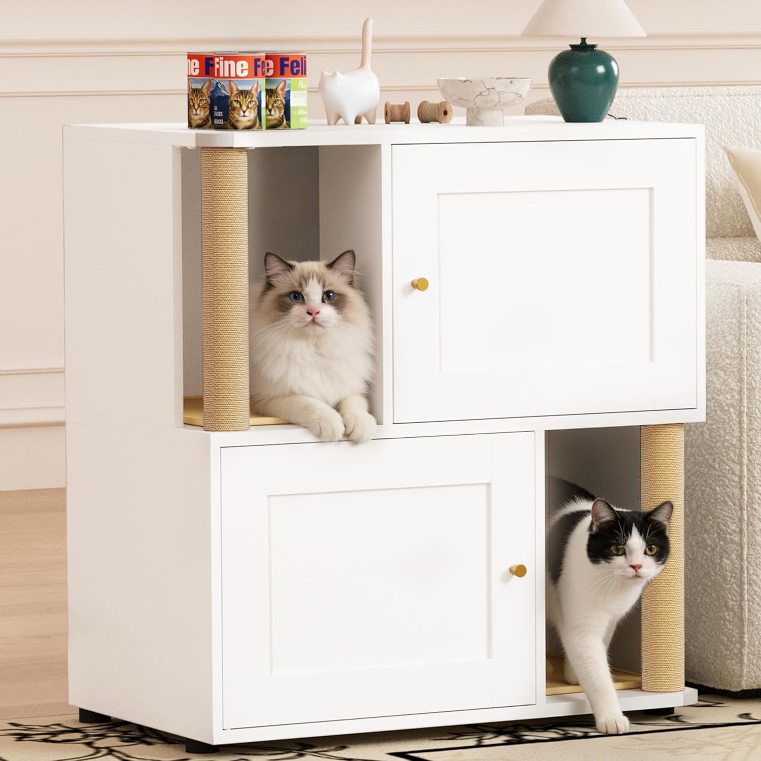 Cat Litter Box Enclosure for 2 Cats, Metal Hidden Double Litter Box Enclosure Furniture Cabinet with Cat Scratching Post, Large Pet Washroom Furniture, Indoor Pet House Side Table (White)
