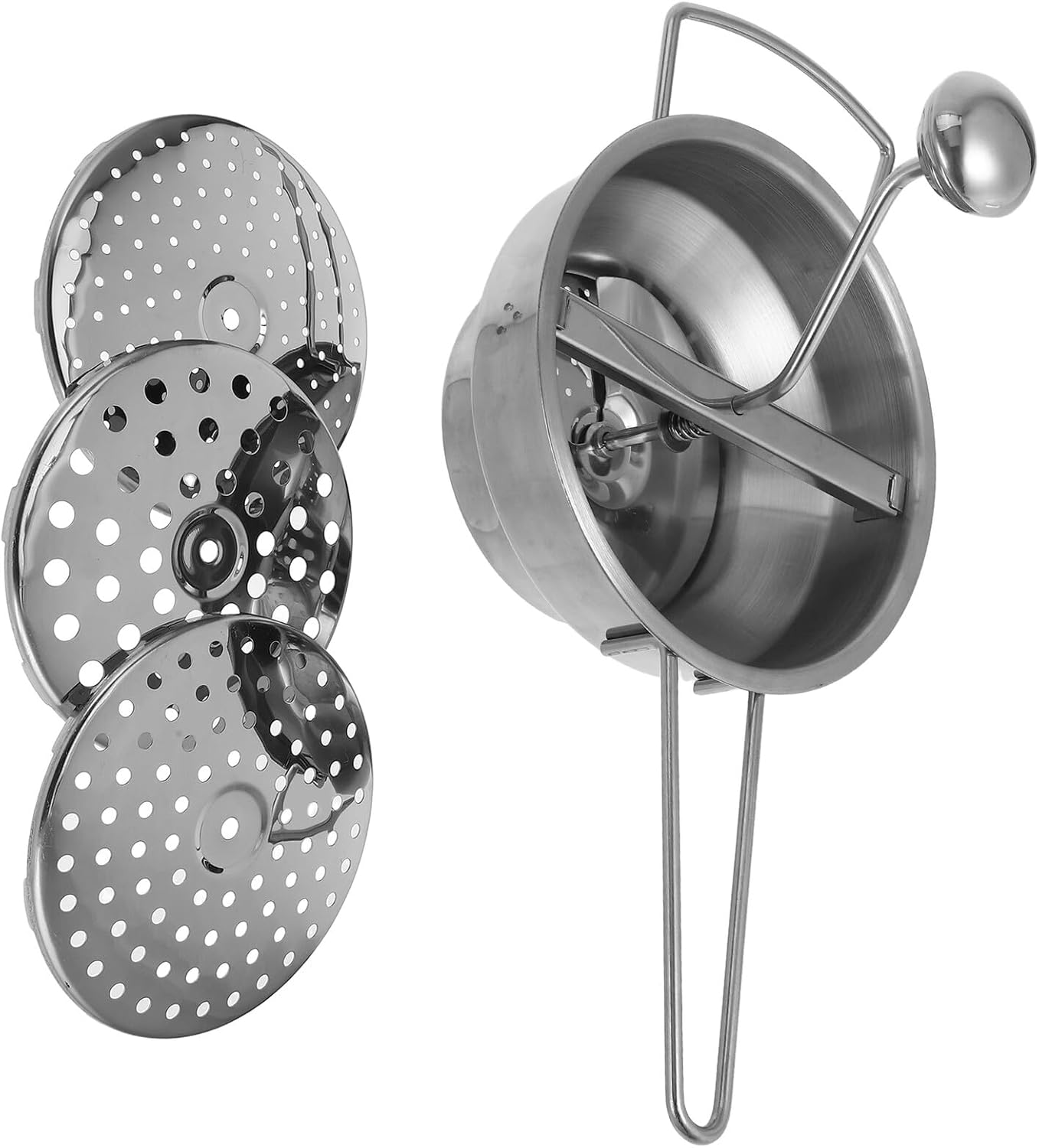 Ergonomic Stainless Steel Potato Masher Manual Food Ricer with 3 Interchangeable Grinding Discs (2mm, 3mm, 7mm) Heavy Duty Kitchen Tool for Vegetables and Purees