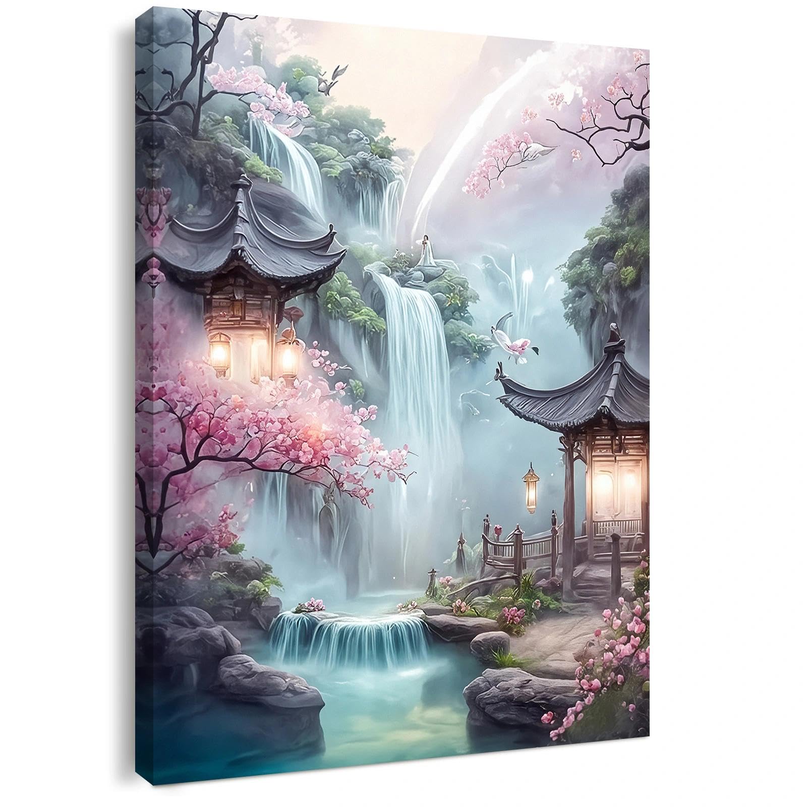 Canvas Wall Art Framed – Asian Waterfall Garden Artwork with Cherry Blossom Fantasy Landscape Wall Decor for Living Room Bedroom Hallway or Entryway Home Decoration, with Hooks and Nails 12x16 Inch — image 1