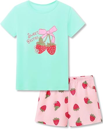 Beezizac Girls Cotton Sleepover Pajama Set for Little & Big Girls Short Sleeve Set 2-Piece PJ Size 4T-18