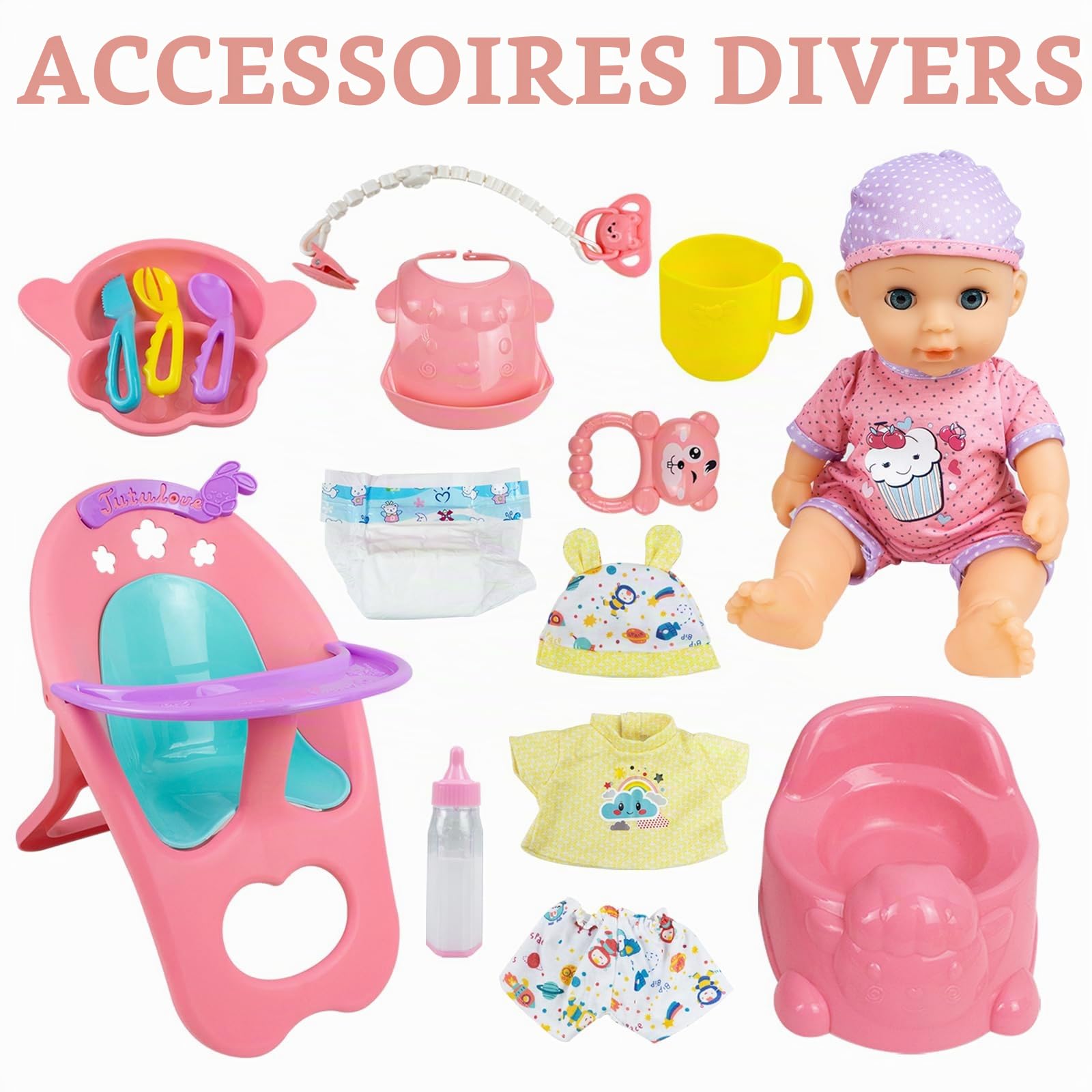 RedCrab Ensemble de Jeu de Poupee Bebe avec Fonctions - Manger, Boire, Dormir, 18 Accessoires Poupon avec Poupée, Chaise Haute, Biberon, Tétine, Couches, Poupée Vêtements