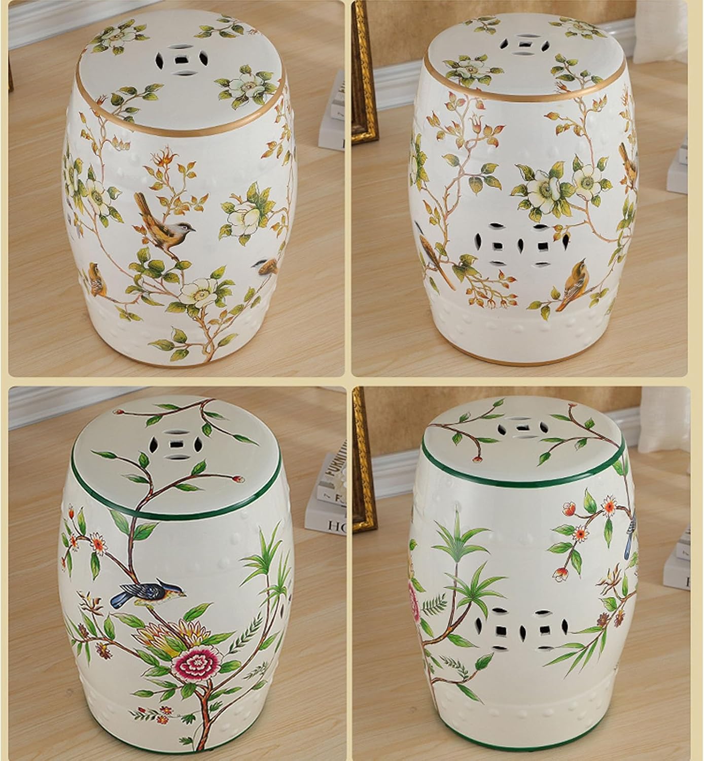 Chinese-Style Drum Stool Flowers & Butterflies Garden Stool Decorative Indoor and Outdoor Garden Stool for Yard, Patio, Porch, Backyard(F)