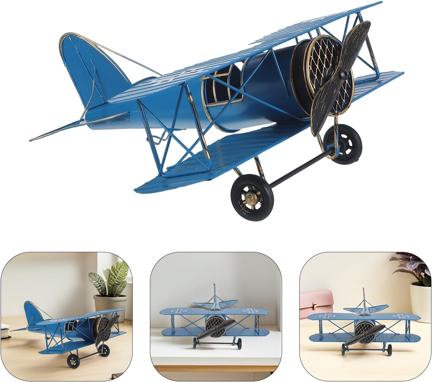 LOGOFUN Vintage Metal Biplane Model Retro Iron Aircraft Ornament Glider Airplane Figurine for Home Office and Photo Props Tree Hanging Decor - Blue