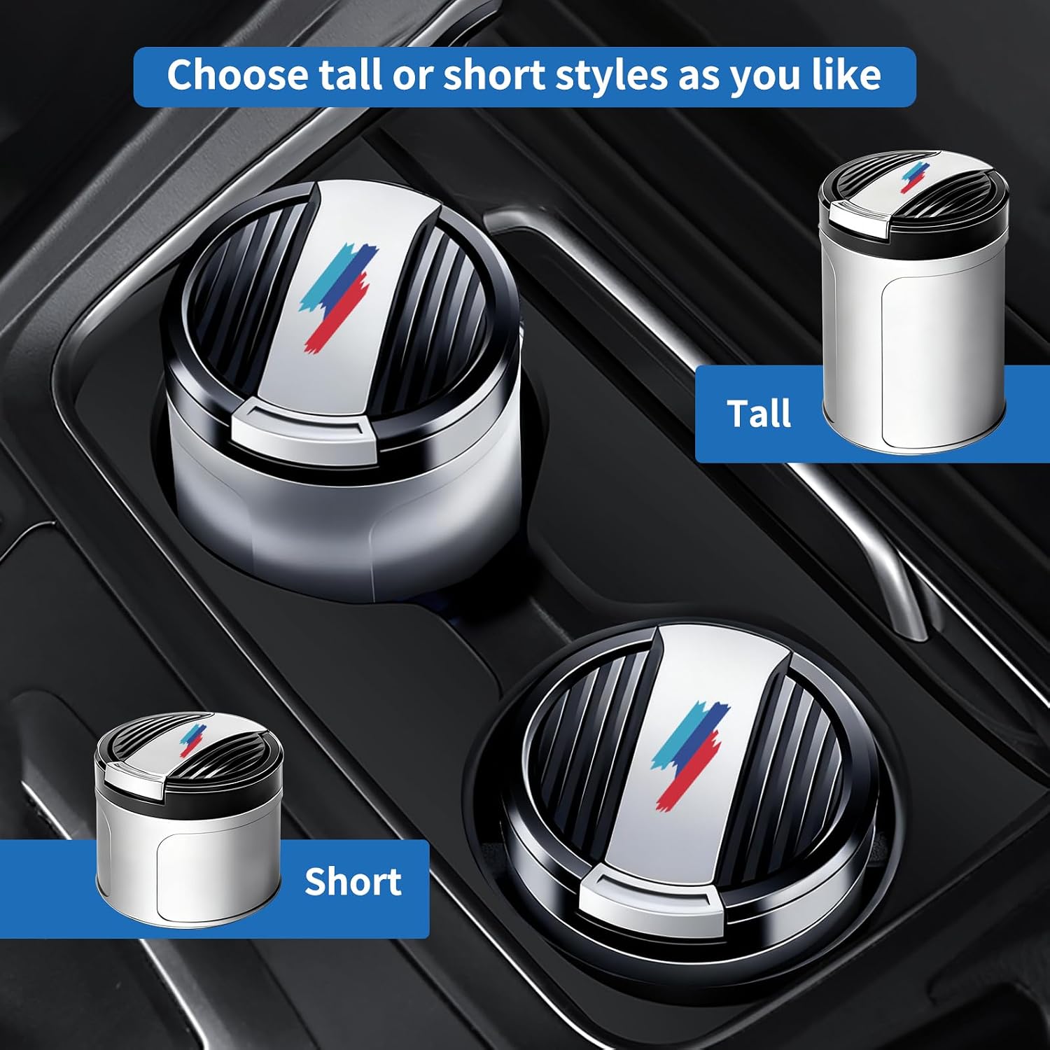 Car Ashtray with Lid, Smokeless Ashtray with Auto LED Light for BMW X3 X5 X1 4 3 5 Series Accessories, Removable Portable Ash Tray for Cup Holder Smell Proof Stainless Steel Inner(Short-2.36in)