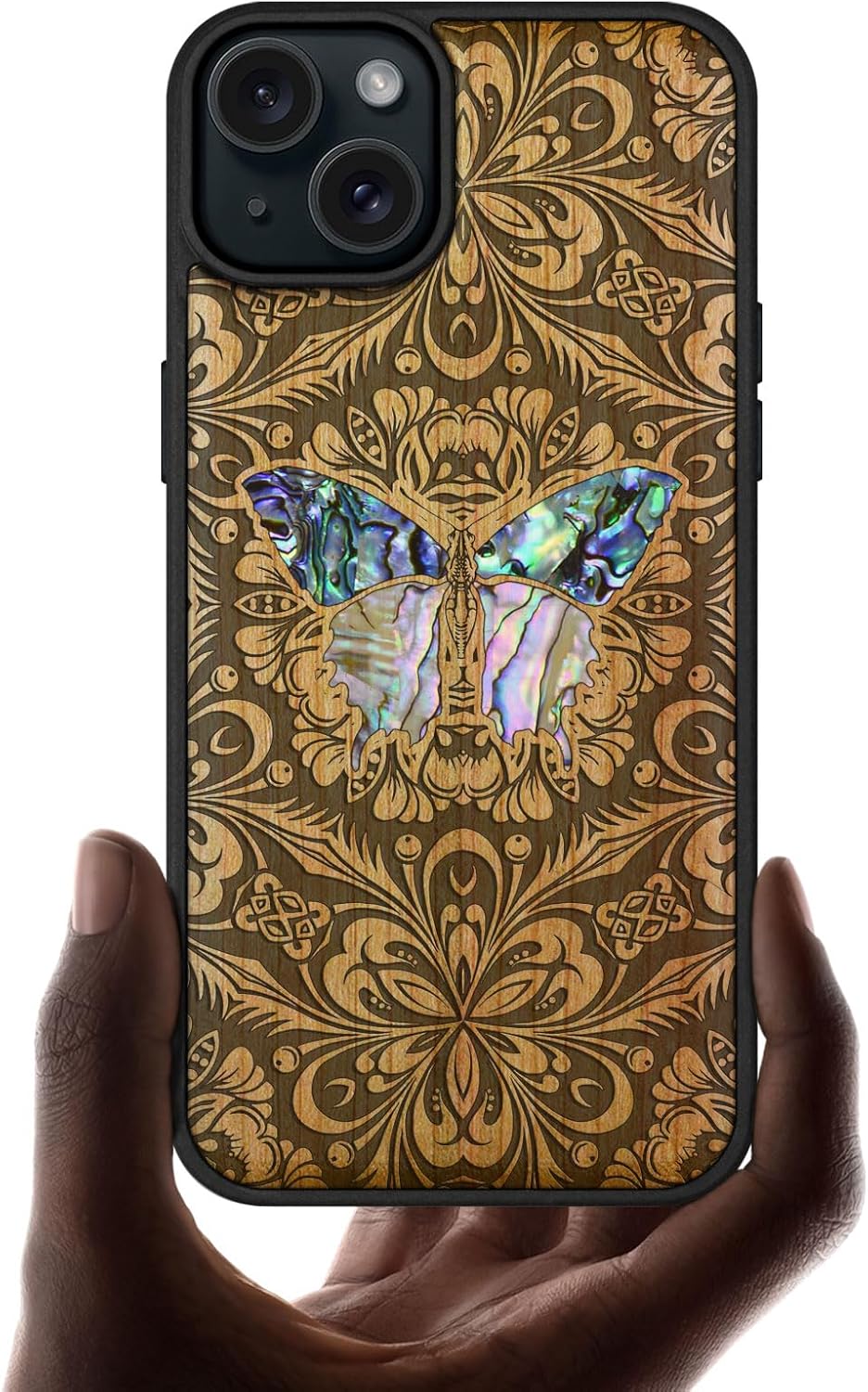 Carveit Wooden Case for iPhone 15 Plus Magnetic Case, Compatible with MagSafe Wireless Chargers, Shockproof Cover, Handmade Shell Inlaid & Wood Artisan Engraved (Baroque Butterfly) Walnut