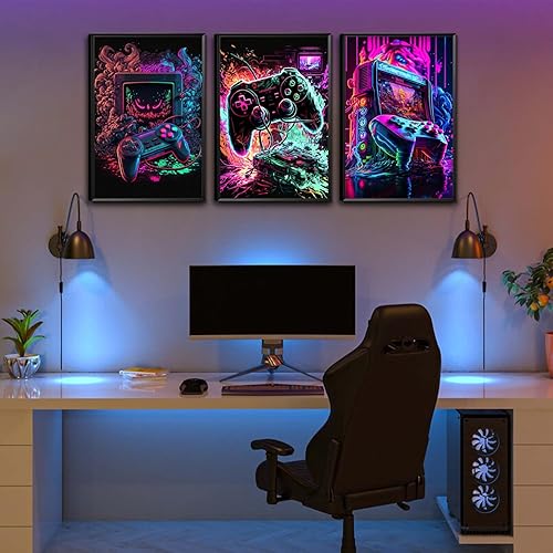 Miniatura 2 de MUWAK Juego de 3 decoraciones geniales para sala de juegos, arte de pared con graffiti de acuarela para videojuegos, póster de videojuegos,