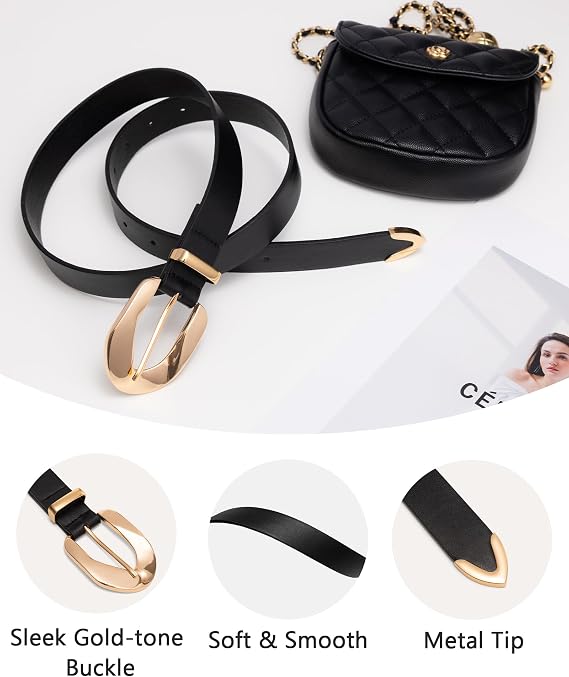 Womens Black thin Belt with Oversized Gold Buckle