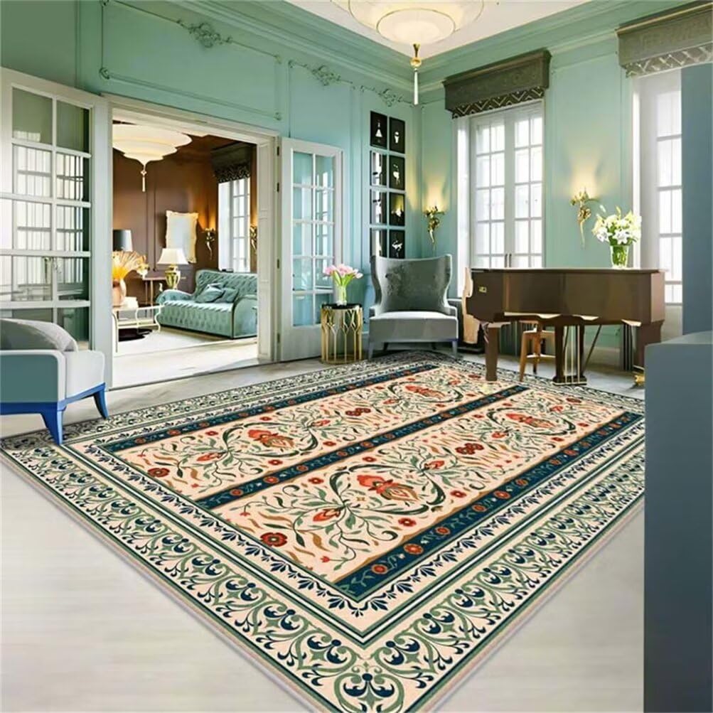 Grand tapis vert 90x120cm motif floral pastoral tapis de chambre doux lavable salon