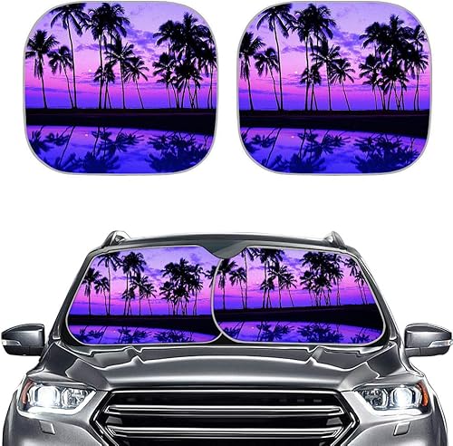 Biyejit Parasol plegable para parabrisas de automóvil con palmera hawaiana, 2 piezas, bloquea los rayos UV, ajuste universal para la mayoría de los
