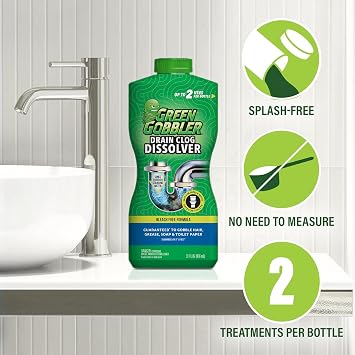 Green Gobbler Drain Clog Dissolver | Powerful Liquid Drain Opener & Toilet Clog Remover | Safe for Pipes & Septic | 2 Pack
