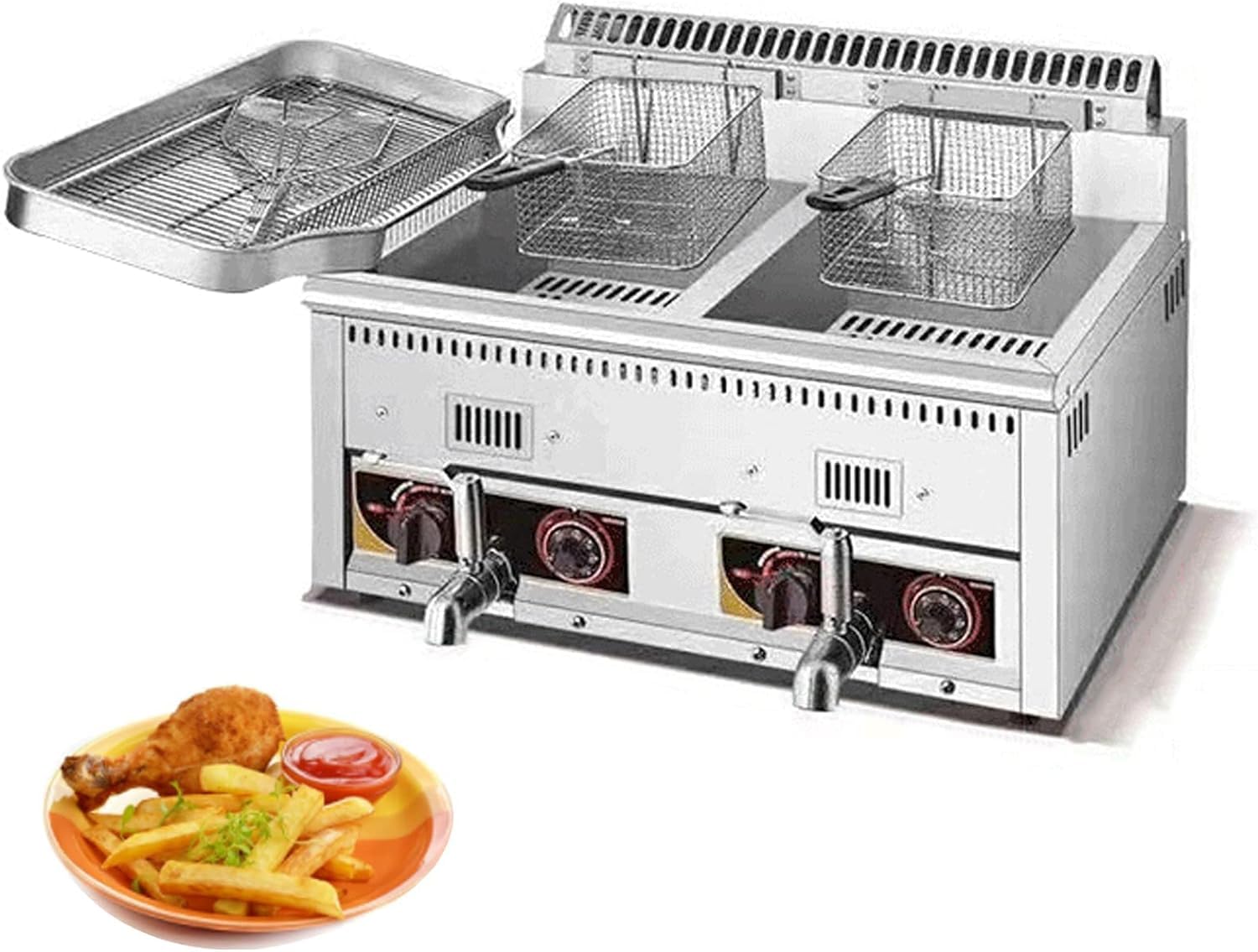 IUokLU Commercial Deep Fryer,Commercial Deep Fryer Gas Fryer with Basket,Countertop Heavy Duty Stainless Steel Gas Fryer for French Fries Onion Rings Fried Chicken,