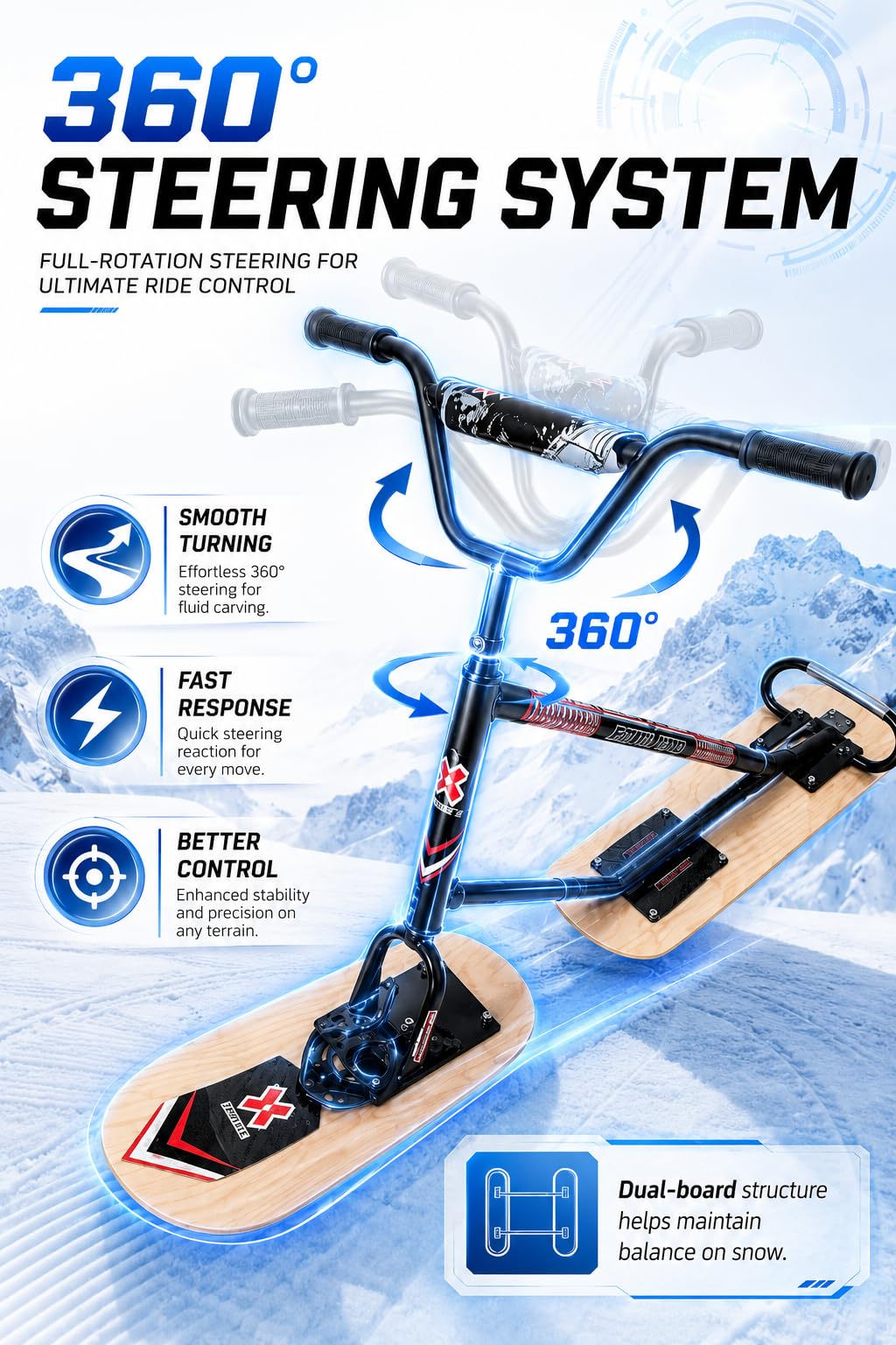 Nuovo Modello Di Snow Scooter/Slitta Con Sci, Manubrio Antiscivolo E Sci Per Tutti I Terreni, Facile Usare, Sicuro, Con Sterzo A 360°, Ideale Per Stazioni Sciistiche E Piste Sci Naturalwoodcolor