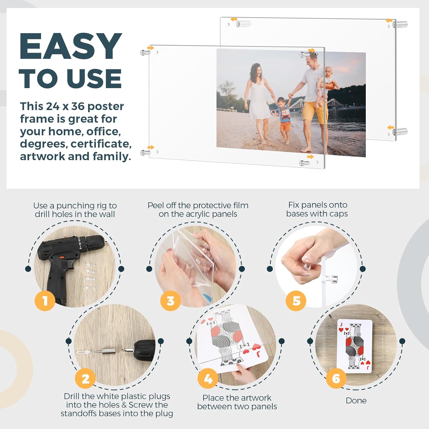 2 Pack Extra Large Frameless Floating Acrylic Frame Wall Mount Magnetic Acrylic Picture Frames with Chrome Standoffs Double Panel Floating Frame for Photo Poster Display (24 x 36 Inch)