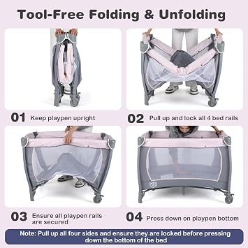 BABY JOY 5 in 1 Pack and Play, Portable Baby Playard w/Bassinet & Diaper Changing Table, Infant Pink Bassinet Crib with Hangings & Music & Oxford Bag for Baby Girl Toddlers (Pink + Purple, Classic)