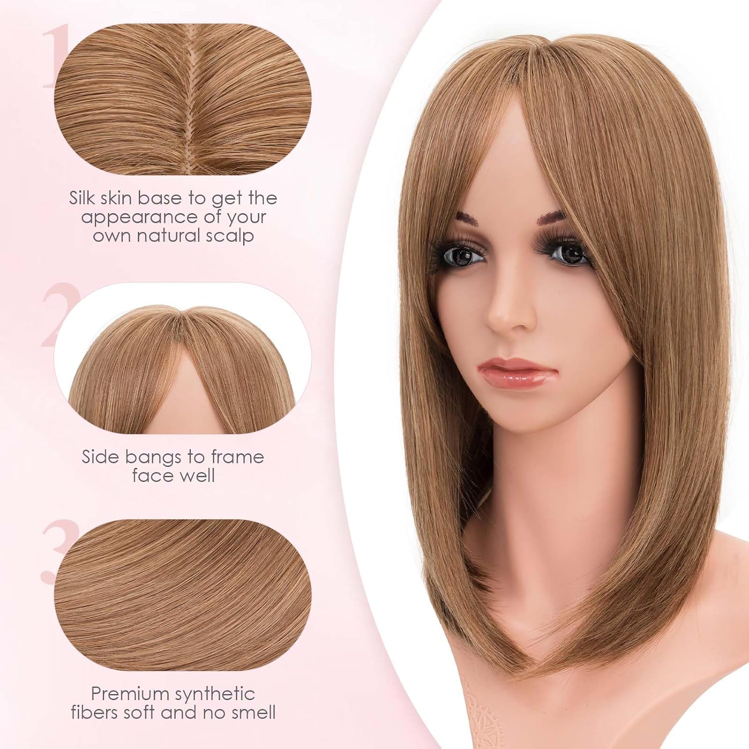 S-noilite 14inch Hair Toppers for Women with Fringe Bang Long Straight Hair Pieces for Women with Thinning Hair Clip in Hair Topper Highlight Synthetic Wig Add Hair Volume Brown Mixed Blonde