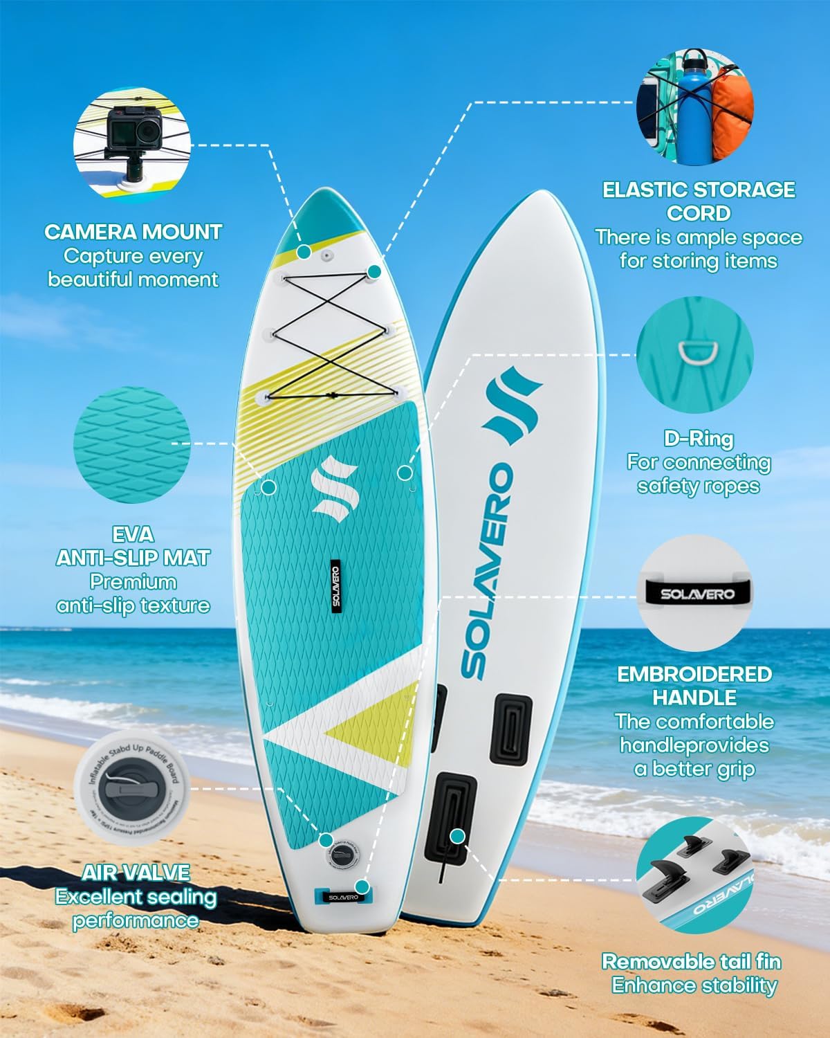SOLAVERO 11' Inflatable Stand Up Paddle Board, Extra Wide Stable SUP with Premium Accessories Blow Up Paddle Board for Adults, Suitable for Sea and Lake, All Skill Levels