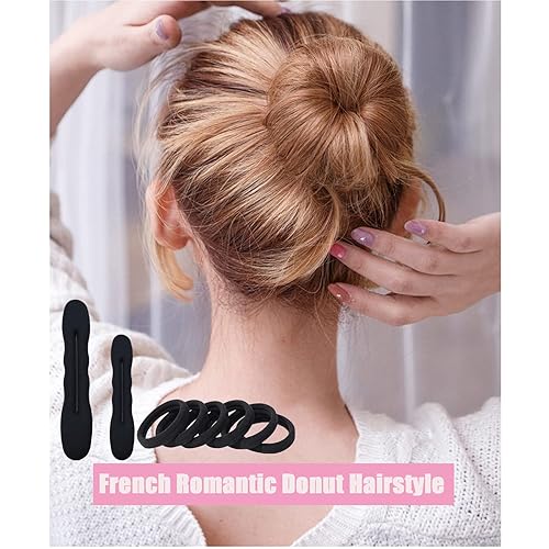 Miniatura 6 de Paquete de 4 moldes para hacer moños para el cabello, máquina para hacer moños de dona, fácil de poner a presión, esponja, dona, para mujeres con