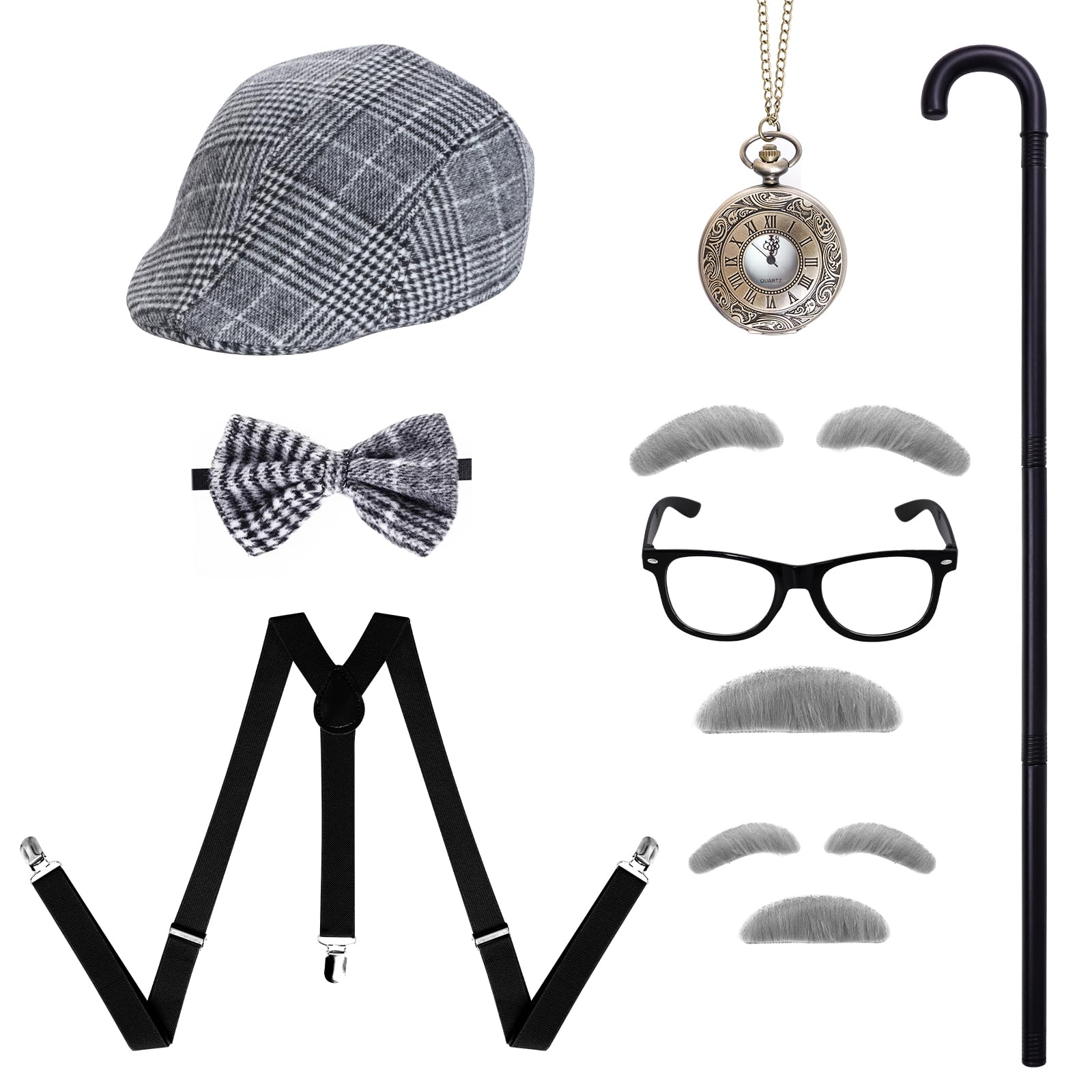 Ishua 12PCS Grandpa Costume Accessories, 100 Day of School Old Man Costume, Fancy Old Man Costume Adult for Halloween Including Hat
