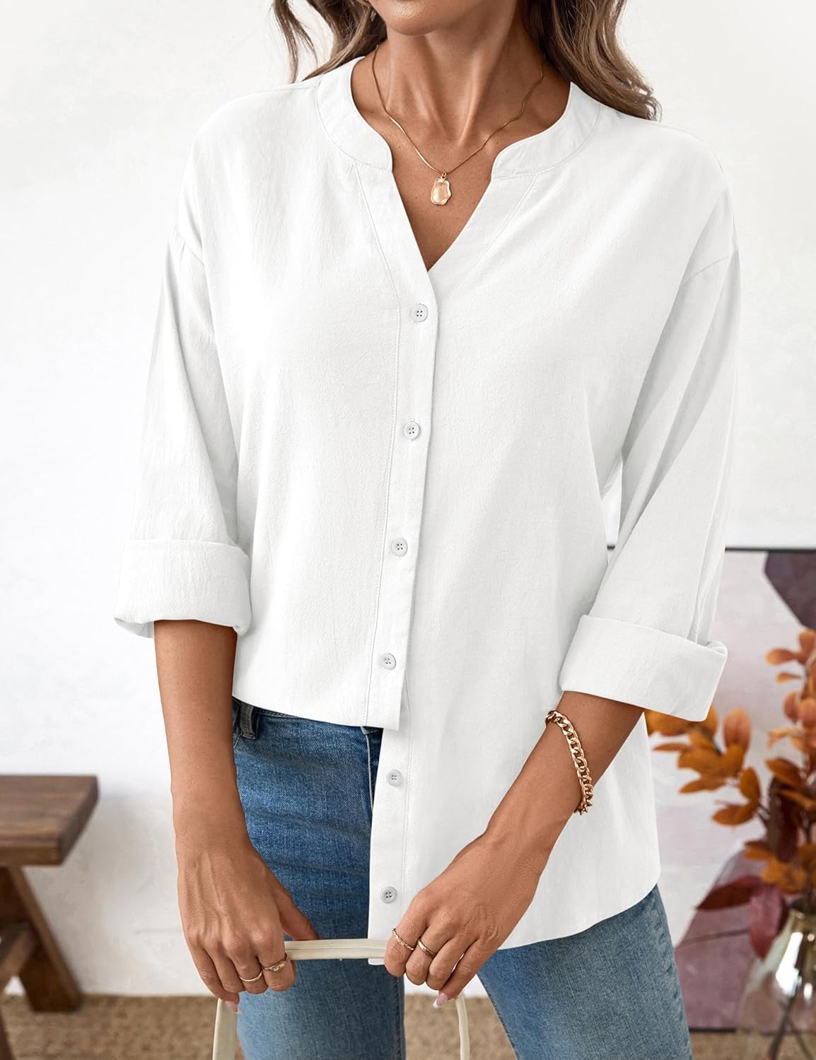 LOMON Button Down Shirts for Women Long Sleeve Cotton Button Up Shirt Linen V Neck Casual Loose Fall Tops Blouses - Image 5