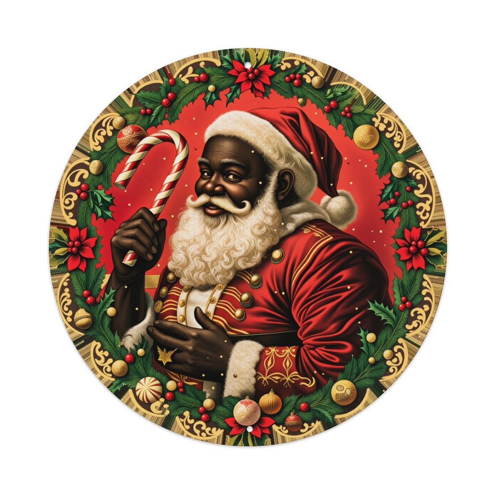 Black Santa Claus Holding Candy Cane Round Tin Sign Retro Metal Sign for Cafe Bar Pub Home Game Room Gym Club Wall Decoration Vintage Metal Poster 8x8 Inch