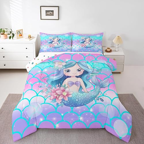 Erosebridal Juego de edredón de sirena para niños, tamaño matrimonial, para niñas, ropa de cama de sirena brillante azul y rosa, juego de ropa de