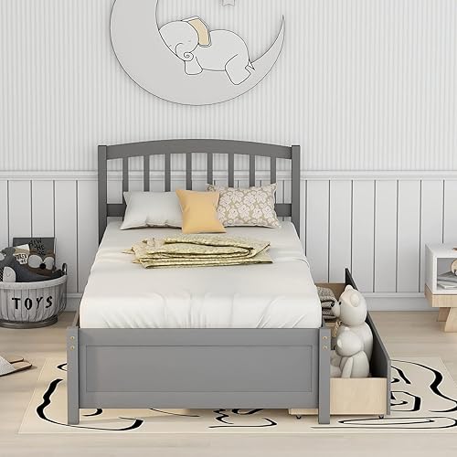 Miniatura 3 de Cama de almacenamiento de plataforma individual con cabecero, marco de cama de madera maciza con dos cajones (gris, tamaño individual)