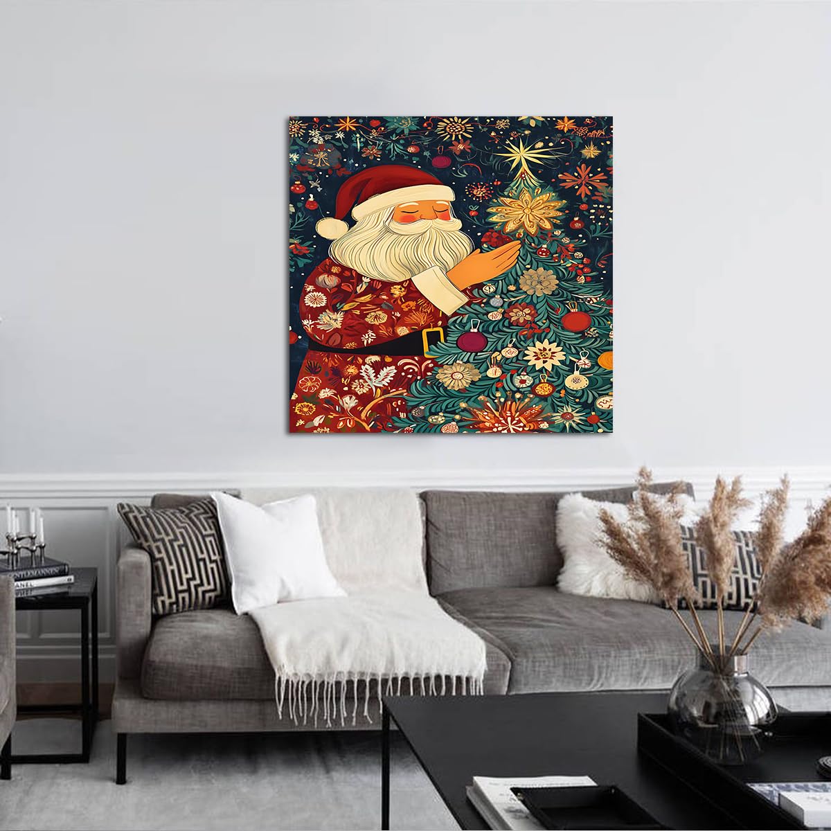 TOANGWALL Święty Mikołaj Mural Płótno Ścienne Sztuka Wydruki Dzieła Sztuki Wakacje Retro Styl Plakat Malarstwo Salon Sypialnia Wystrój Domu 40 x 40 cm Wewnętrzna Rama