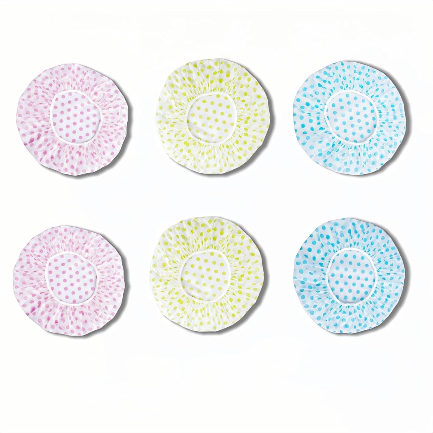 6 Pack Shower Caps, Polka Dot Waterproof Oil Resistant Dustproof Bath Hair Caps with Elastic Band, Portable Shower Bonnets in Blue Yellow Red for Shower Cooking Facial Care Travel Storage