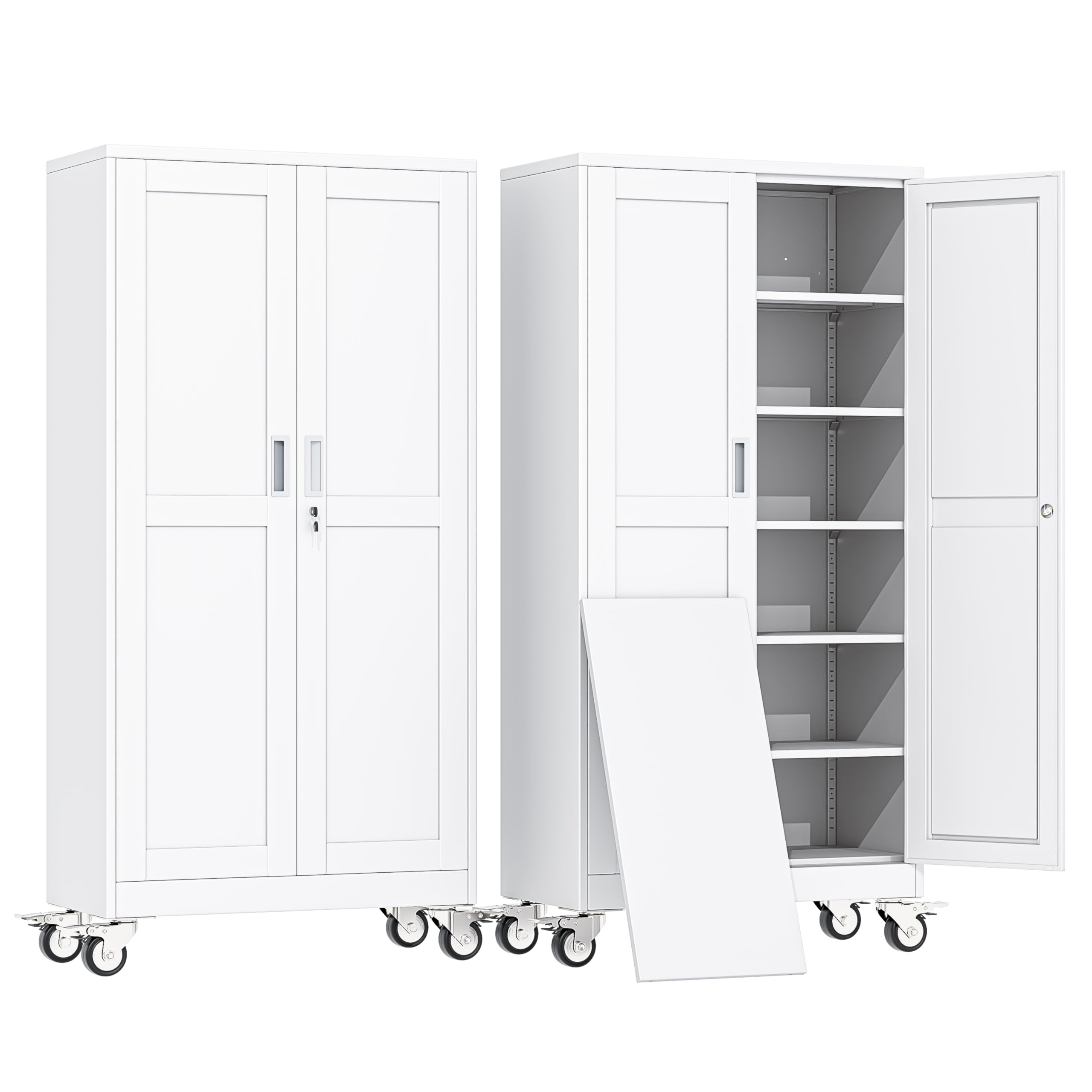 erosoei 74" H Metal Garage Storage Cabinet, Rolling Tool Cabinet with 2 Doors and Wheels, Locker Steel Cabinet with 5 Adjustable Shelves, Organization Cabinet for Garage,Office,Home,Gym,School（White）