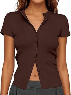 2025 - Cárdigan de punto acanalado con botones para mujer, manga corta, color liso, camiseta sin hombros