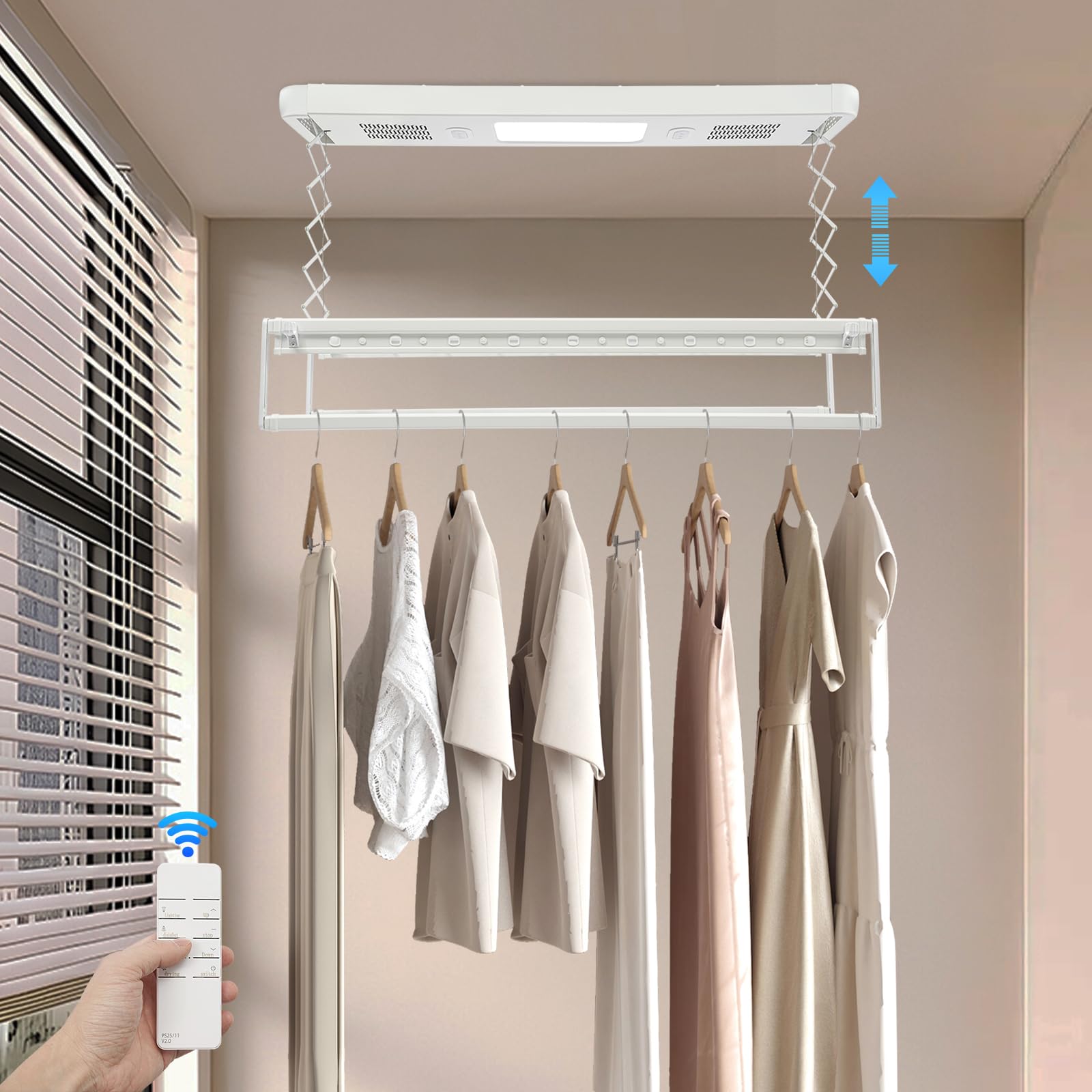 Wäscheständer Deckenmontage 24W LED Elektrisch Decken Wäschetrockner mit Fernbedienung, 155 * 60cm Elektrischer Wäscheständer für Hausbalkone, Badezimmer (Weiß)