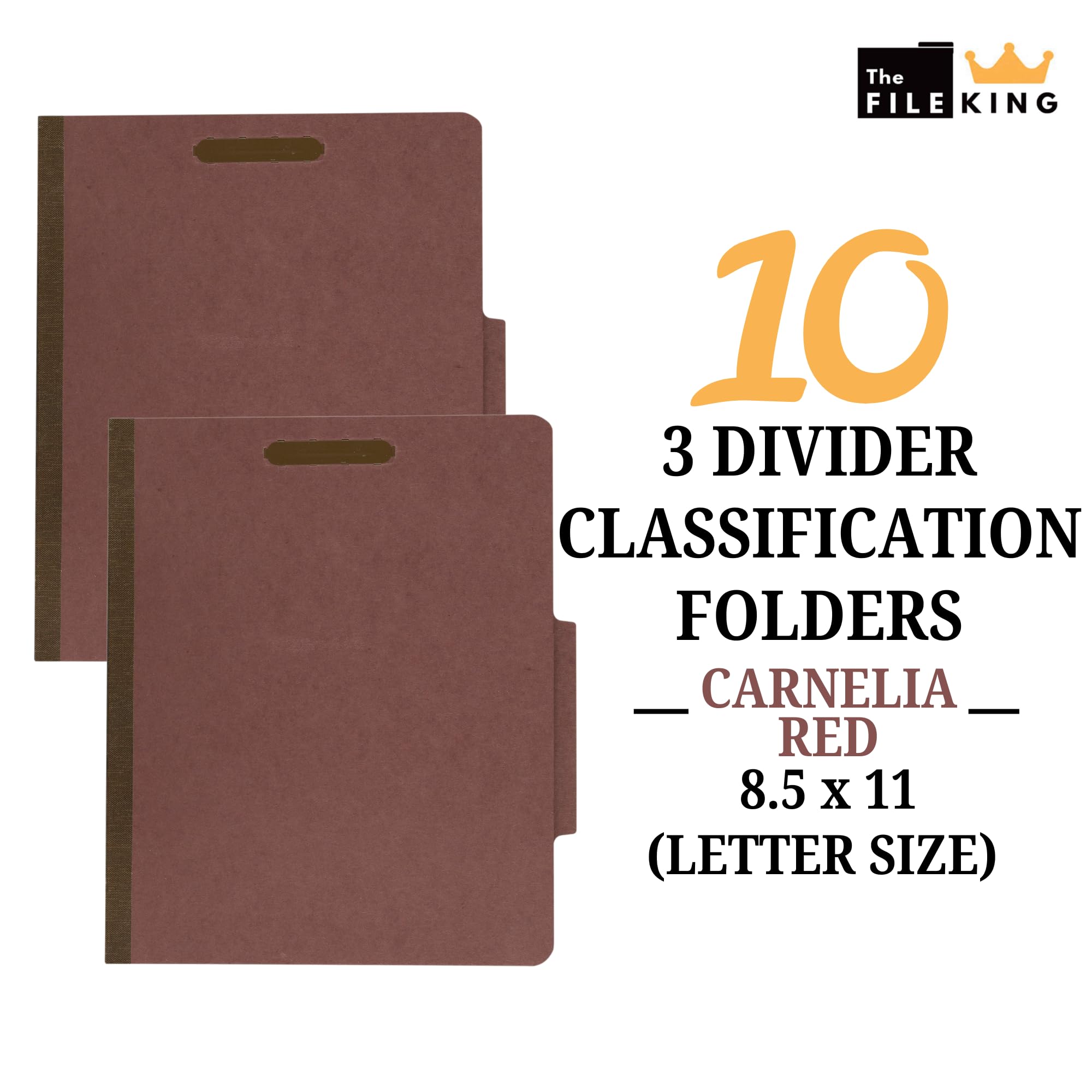 The File King - Cartella divisoria per classificazione, formato lettera, con divisori e elementi di fissaggio per schedare armadi e cassetti, confezione da 10 3 Dividers, 3" Expansion Carnelia Rosso