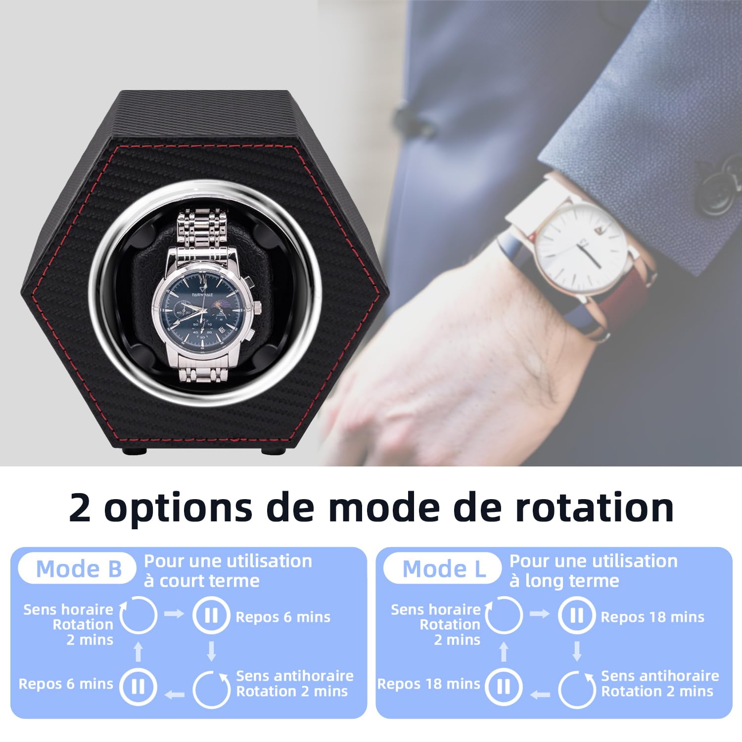 Mcbazel Remontoir de Montre Automatique Rotatif 1 Slot - Boîte Hexagonale en Cuir PU avec Port Type-C - Fibre de Carbone